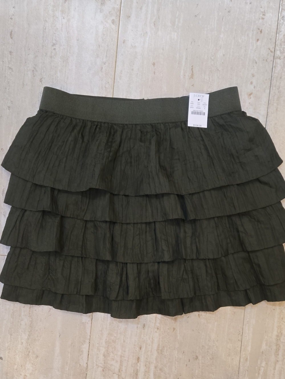 New J. Crew 100% Silk Dark Olive Tiered Ruffle Mini Skirt
